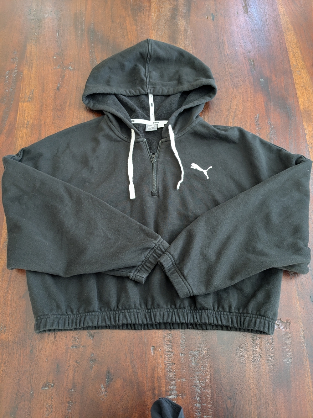 PUMA Black Cropped Quarter-Zip Pullover Hoodie with Elastic Waist